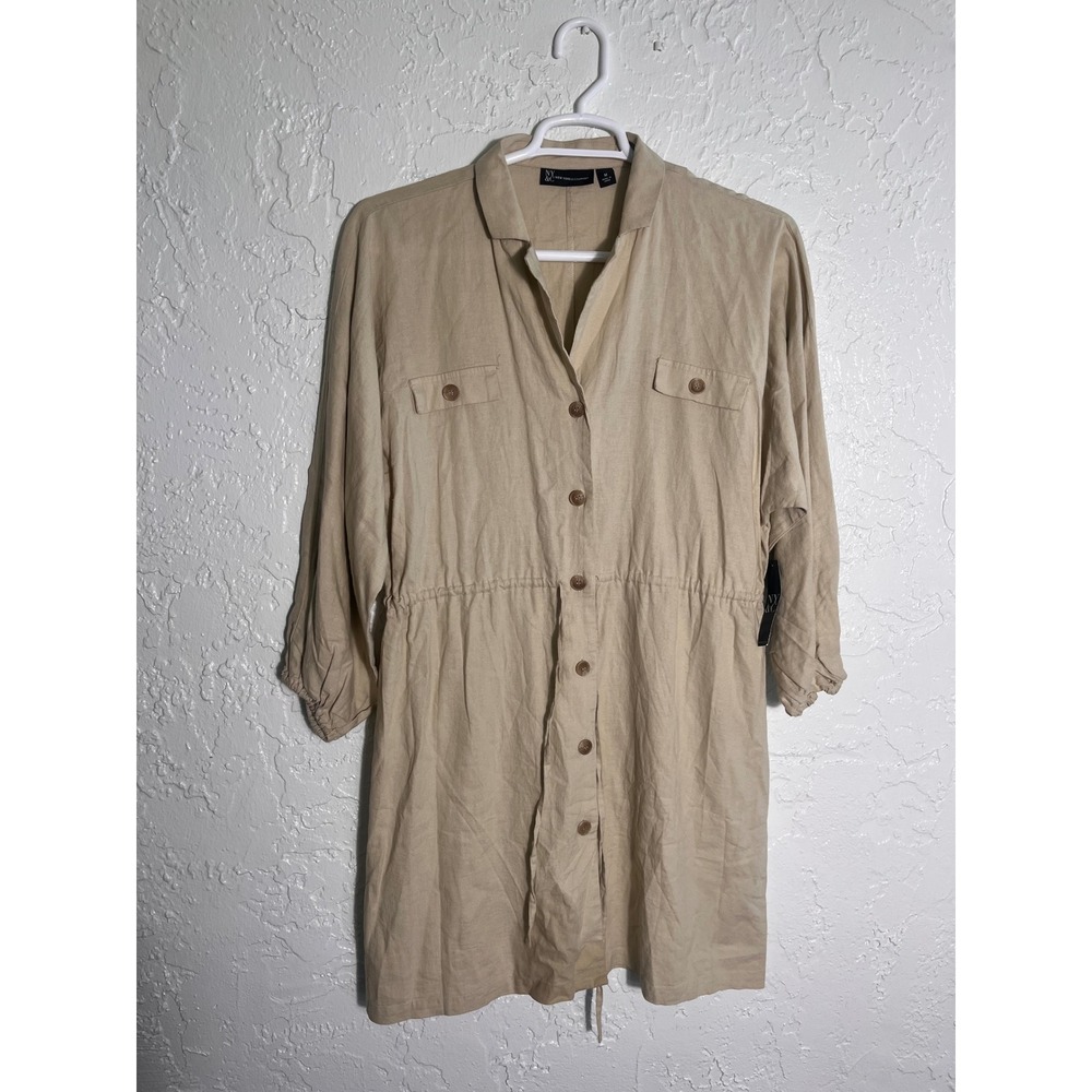 New York & Company Linen Blend Shirt Dress NWT Beige Drawstring Waist Size M